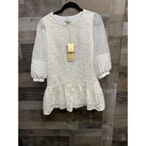 JORPOSE JORYAH White Lace Ruched Sleeve Pearls‎ MIDI Dress Small Gorgeously New